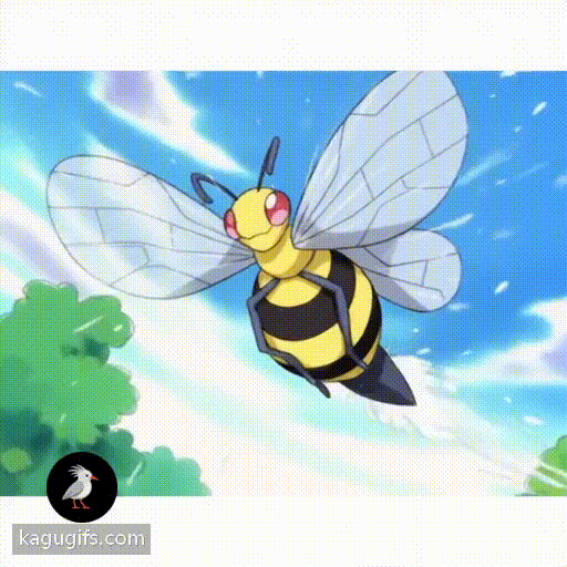 Animated bee character with vibrant yellow and black striped body, large translucent wings spread wide, pointed tail extended downward, shooting a powerful stream of white liquid out the tip of its tail.