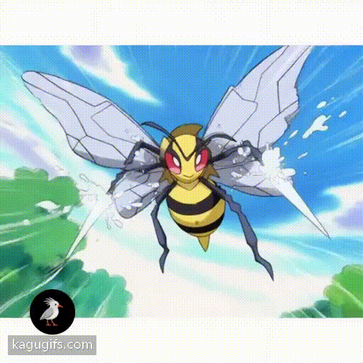 Beedrill with white liquid shooting out its stinger, wings spread wide mid-flight, yellow and black striped body poised in dynamic attack stance.
