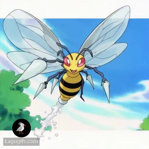 Beedrill with white liquid shooting out its tail, yellow and black striped body, translucent wings spread wide, poised mid-attack in a dynamic upward trajectory.
