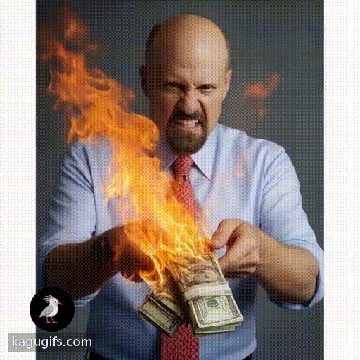 Bald man with goatee in light blue shirt and red tie lit a stack of money on fire, flames rising from his hands with an intense expression.