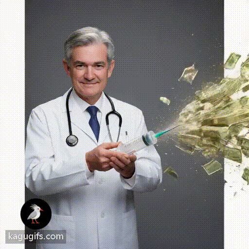 Jerome Powell in a white doctor's uniform and stethoscope, confidently injecting a syringe full of money with cash bursting explosively from the needle tip.