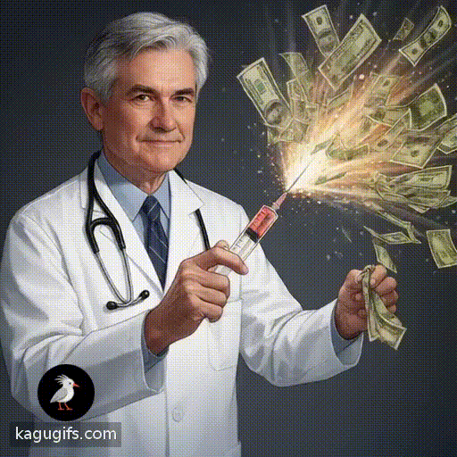 Jerome Powell in a white doctor's uniform and stethoscope, confidently injecting a syringe full of money with cash bursting explosively from the needle tip.