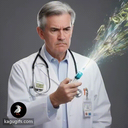 Jerome Powell wearing a doctor's uniform, holding a syringe filled with money and injecting streams of cash shooting out from the needle tip.
