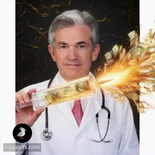 Jerome Powell wearing a doctor's uniform, holding a syringe filled with money and injecting streams of cash shooting out from the needle tip.