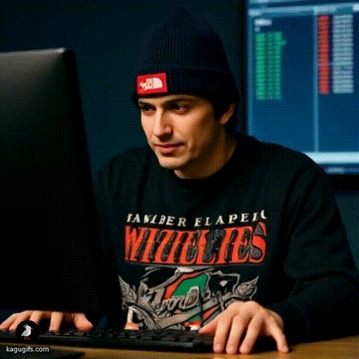 Man in navy beanie and graphic band tee sitting at a Bloomberg terminal, fingers poised over the keyboard with focused intensity.