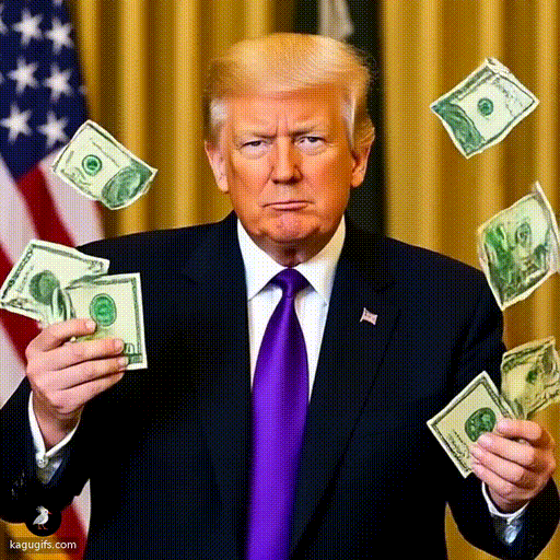 Donald Trump in a dark suit and purple tie dynamically handing out wads of dollar bills with both hands extended forward.