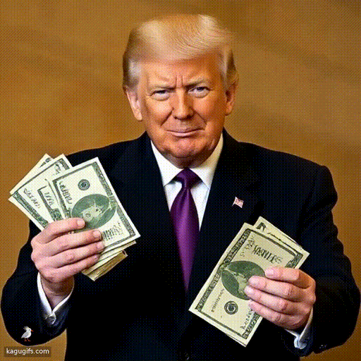 Donald Trump in a dark suit and purple tie dynamically handing out wads of dollar bills with both hands extended forward.