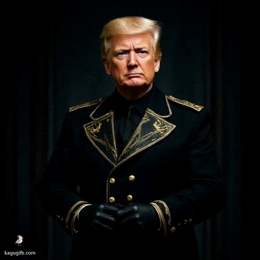 Donald Trump in Hunger Games style wearing a high-collared black suit with ornate Capitol fashion, distinctive blonde hair styled upward, commanding stern expression, posed dramatically as a powerful Capitol official.