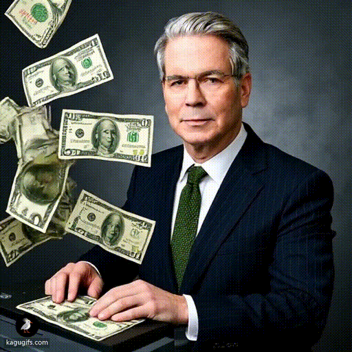 Scott Bessent in a dark pinstriped suit and green tie, operating a printer that's shooting out dollar bills in rapid succession.