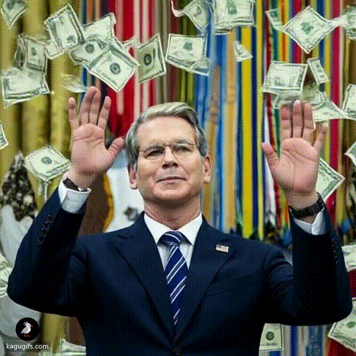 Scott Bessent in a dark suit and glasses throwing money in the air with dynamic motion, arms raised, bills cascading upward.