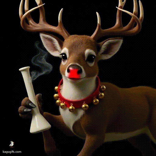 Realistic reindeer Rudolf with glowing red nose and golden jingle bells around neck, holding a bong with his front hooves while smoking it, brown fur, alert expression, mid-puff.
