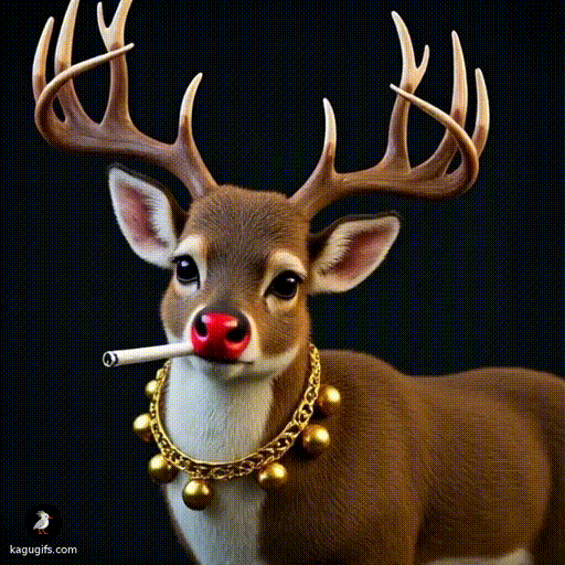Realistic Rudolph with a glowing red nose smoking a marijuana cigarette, brown fur and white chest, majestic branching antlers, golden bell collar, standing alert with a relaxed posture.