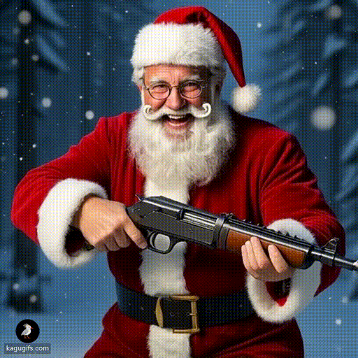 Santa with a thick white beard and glasses firing a shotgun in a snowy forest.