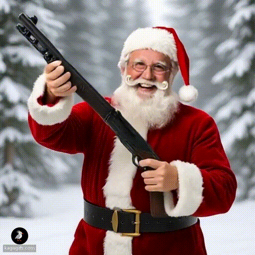 Santa with a thick white beard and glasses firing a shotgun in a snowy forest.
