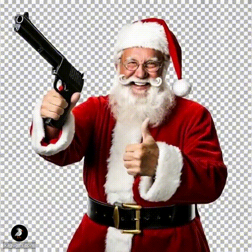 Santa in a red suit with white fur trim and black belt firing a shotgun in a snowy forest, action pose with dynamic recoil.