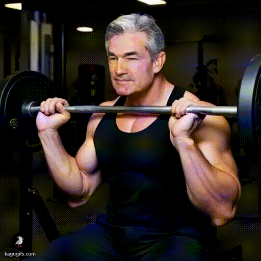 Jerome Powell with sharp facial features, gray hair, and an incredibly muscular physique explosively bench pressing a loaded barbell in a gym setting.