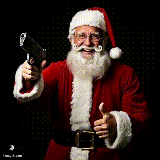 Santa with a confused expression holding a gun and looking around warily, wearing his classic red suit with white fur trim and red hat.