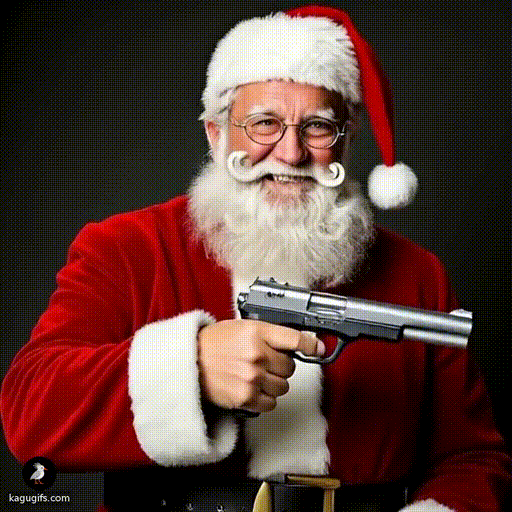 Santa with a confused expression holding a gun and looking around warily, wearing his classic red suit with white fur trim and red hat.