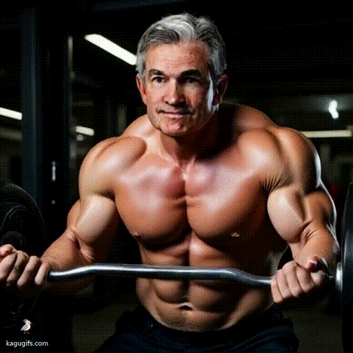 Jerome Powell with an incredibly muscular physique, shirtless and powerfully lifting heavy weights at the gym, straining with intense effort.