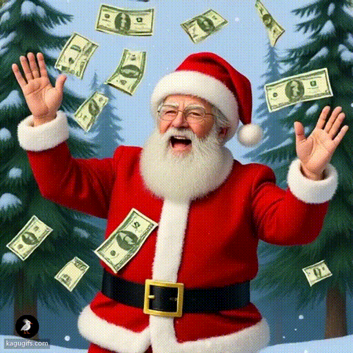 Jerome Powell dressed as Santa being showered in cascading dollar bills, arms raised in celebration, wearing a red Santa suit with white fur trim and traditional Santa hat, silver-haired with a joyful expression, standing in a snowy forest with tall evergreen trees behind him.