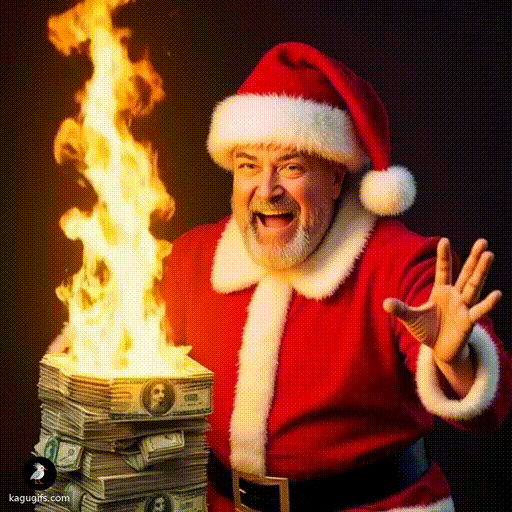 Jerome Powell in a red Santa costume with white trim and fluffy beard, gleefully setting a towering stack of cash ablaze with a wide joyful smile and animated hand gestures.