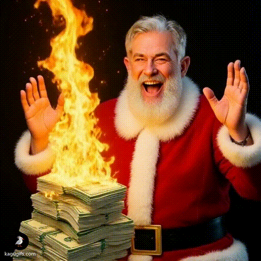 Jerome Powell in a red Santa costume with white trim and fluffy beard, gleefully setting a towering stack of cash ablaze with a wide joyful smile and animated hand gestures.