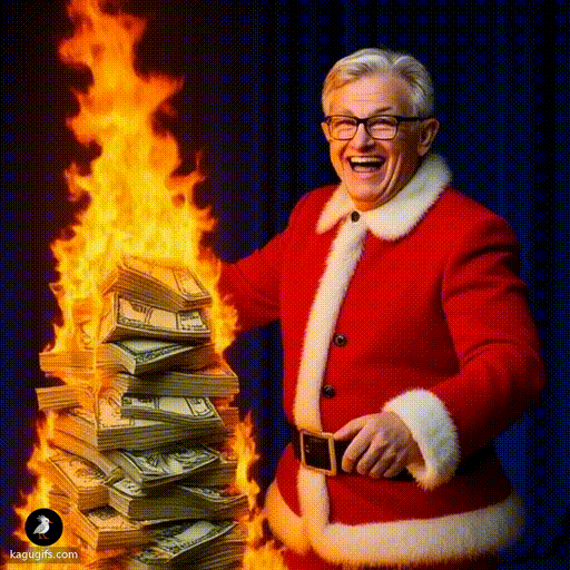 Jerome Powell in a red Santa suit with white fur trim, gray hair, and glasses, beaming with a wide joyful smile while dynamically setting a towering stack of cash ablaze with flames leaping upward.