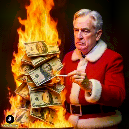 Jerome Powell in a red Santa suit with white fur trim, gray hair and stern expression, actively lighting a towering stack of burning money with a match, flames rising dramatically around the bills.