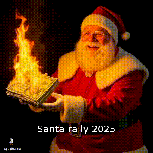 Santa Claus lighting a stack of money on fire, wearing his iconic red suit with white fur trim, red hat, glasses, and full white beard, leaning forward with a mischievous expression as flames ignite the cash in his outstretched hands.