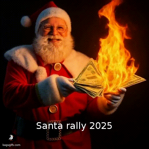 Santa Claus lighting a stack of money on fire, wearing his iconic red suit with white fur trim, red hat, glasses, and full white beard, leaning forward with a mischievous expression as flames ignite the cash in his outstretched hands.