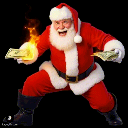Santa Claus in classic red suit with white fur trim and black belt leaning forward dynamically while lighting a stack of money on fire with intense focus and a mischievous grin.