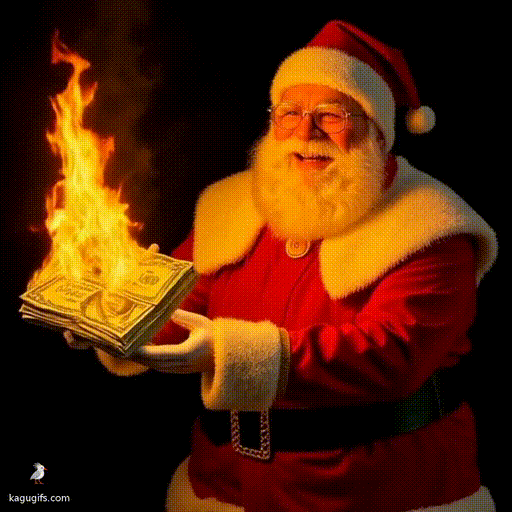 Santa Claus lighting a stack of money on fire, wearing his iconic red suit with white fur trim, red hat, glasses, and full white beard, leaning forward with a mischievous expression as flames ignite the cash in his outstretched hands.