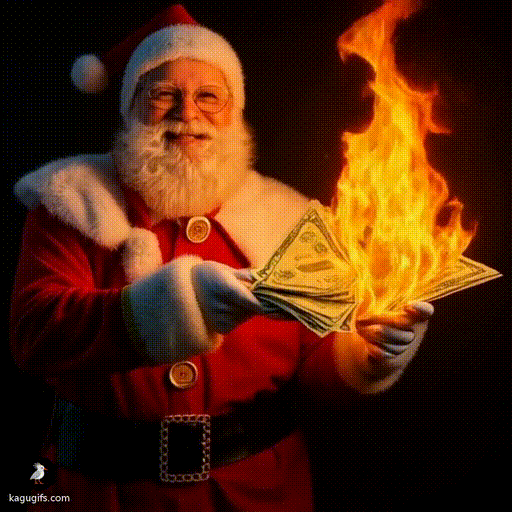 Santa Claus lighting a stack of money on fire, wearing his iconic red suit with white fur trim, red hat, glasses, and full white beard, leaning forward with a mischievous expression as flames ignite the cash in his outstretched hands.