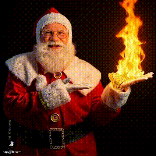 Santa Claus lighting a stack of money on fire, wearing his iconic red suit with white fur trim, red hat, glasses, and full white beard, leaning forward with a mischievous expression as flames ignite the cash in his outstretched hands.