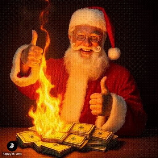 Santa Claus with a gleeful expression lighting a stack of money on fire, wearing his classic red suit with white fur trim, red hat, and glasses, leaning forward with a mischievous grin as flames engulf the cash.