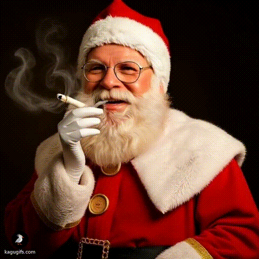 Santa Claus smoking a joint, wearing his red suit with white fur trim, red and white hat, glasses, and full white beard, exhaling smoke with a relaxed expression, suburban neighborhood with houses and trees visible behind him.