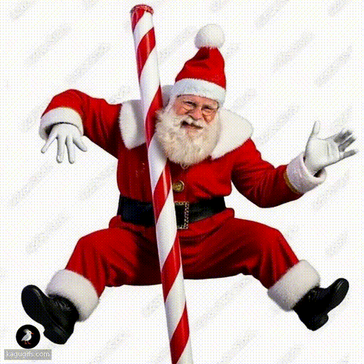 Santa Claus with a full white beard, red suit with white fur trim, and gold-buckled black belt, dynamically dancing and spinning around a red and white striped pole with fluid, graceful movements.