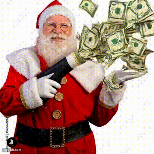 Santa Claus holding a hose shooting dollar bills spraying through the air in a festive explosion of cash, jolly expression, red suit with white fur trim, red hat, white gloves, gold belt buckle, dynamically spraying money in all directions.