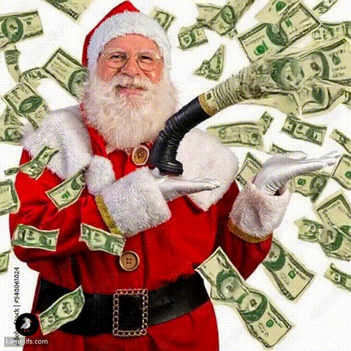 Santa Claus holding a hose shooting dollar bills spraying through the air around him in a festive explosion of cash.