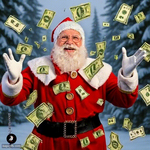 Santa Claus being showered in dollar bills, wearing red suit with white fur trim, red hat, glasses, and full white beard, arms outstretched in joyful celebration against snowy forest background.