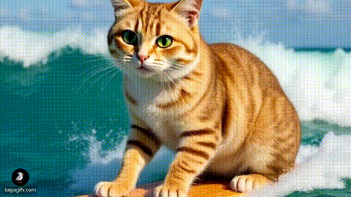 A fluffy cream and brown tabby cat riding a surfboard across ocean waves, paws gripping the board, eyes wide and alert with whiskers streaming.