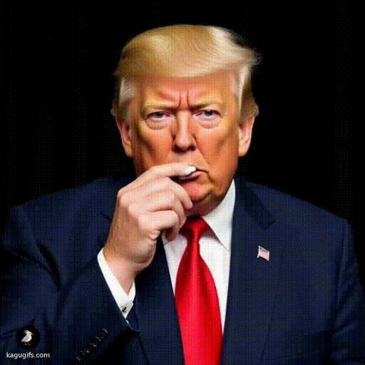 Donald Trump in a dark navy suit and red tie smoking a cigarette and taking a big puff, with a stern expression and blonde hair.