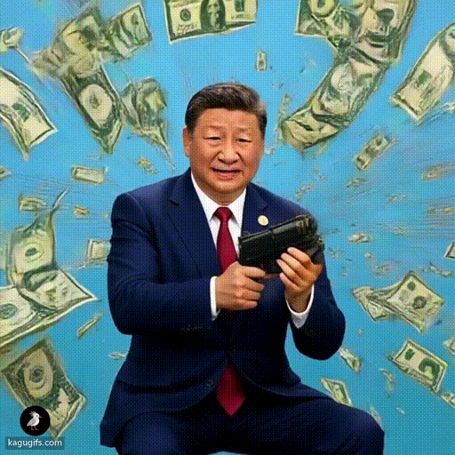 Xi Jinping in a dark blue suit and red tie, firing a gun that shoots out dollar bills, motion-filled action with bills spraying dynamically.