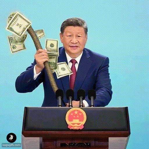 Xi Jinping in a dark blue suit and red tie, firmly gripping and aiming a thick hose that shoots out a powerful spray of renminbi bills.