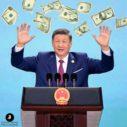 Xi Jinping in a dark blue suit and red tie throwing dollar bills up into the air with both hands raised, his expression animated and joyful.