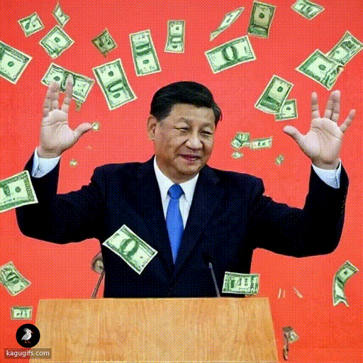 Man in dark navy suit with blue tie throwing dollar bills up into the air with both hands raised, surrounded by cascading green dollar bills floating and swirling around him mid-toss.