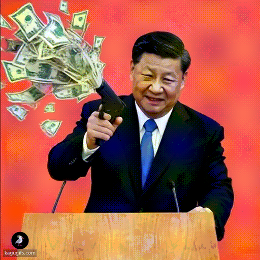 Xi Jinping in a dark suit and blue tie firmly gripping a gun with both hands, firing a stream of dollar bills explosively upward into the air.
