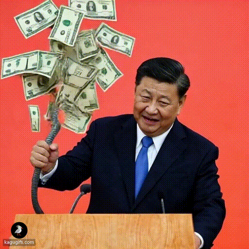 Xi Jinping in a dark navy suit and blue tie firmly gripping a hose with both hands, shooting a powerful stream of dollar bills explosively upward into the air.
