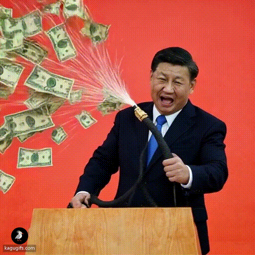 A man in a dark suit and blue tie gripping a hose with both hands, spraying a powerful stream of dollar bills explosively upward into the air.