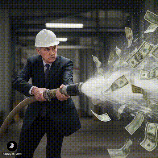 Jerome Powell in a white hard hat and dark suit with tie, dynamically shooting money streaming from a hose he's wielding with both hands.